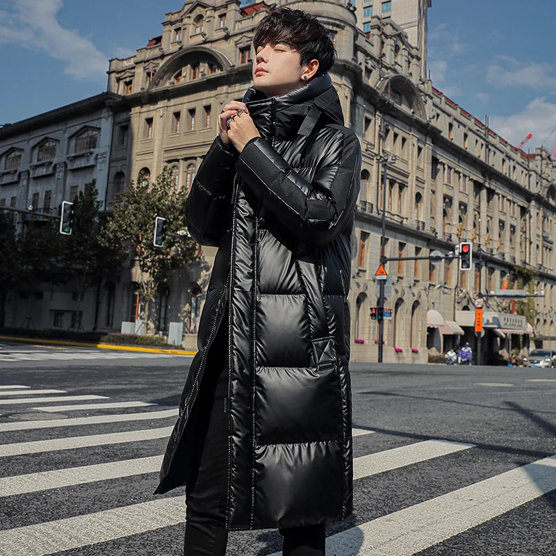 Medium and long down jackets men's new trendy hooded glossy long youth high-end thickened warm jacket