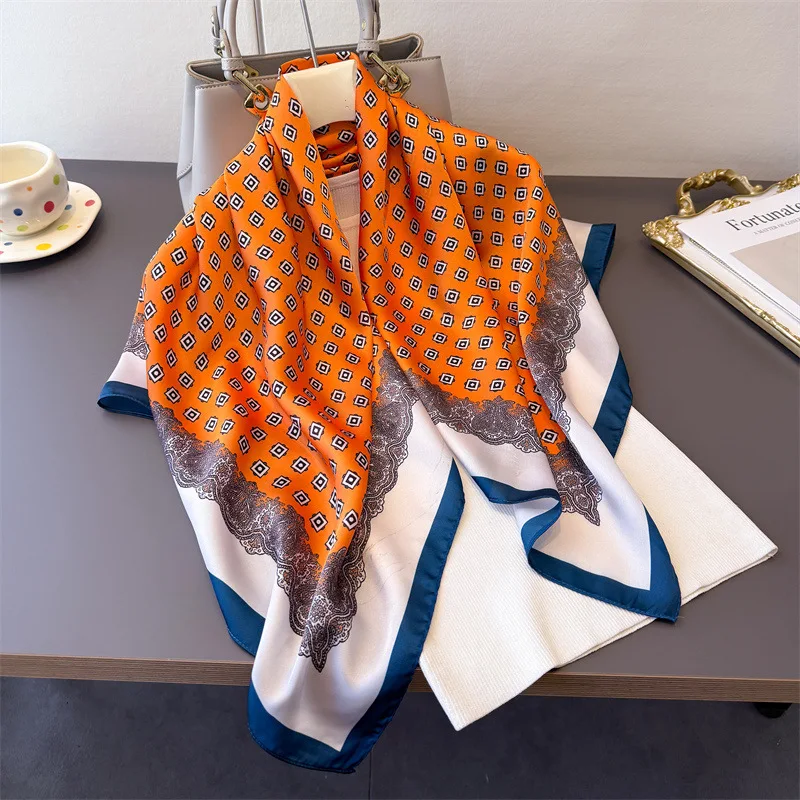 Luxuriöser dünner 90cm Twill-Satin-Schal, großer quadratischer Damenschal mit Nepal-Print, Kopftuch für Damen