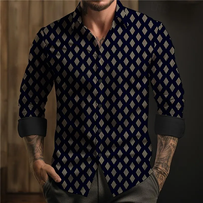 2024 men's retro printed long-sleeved shirt men's casual versatile fashion street men's shirt lapel single-breasted long sleeve