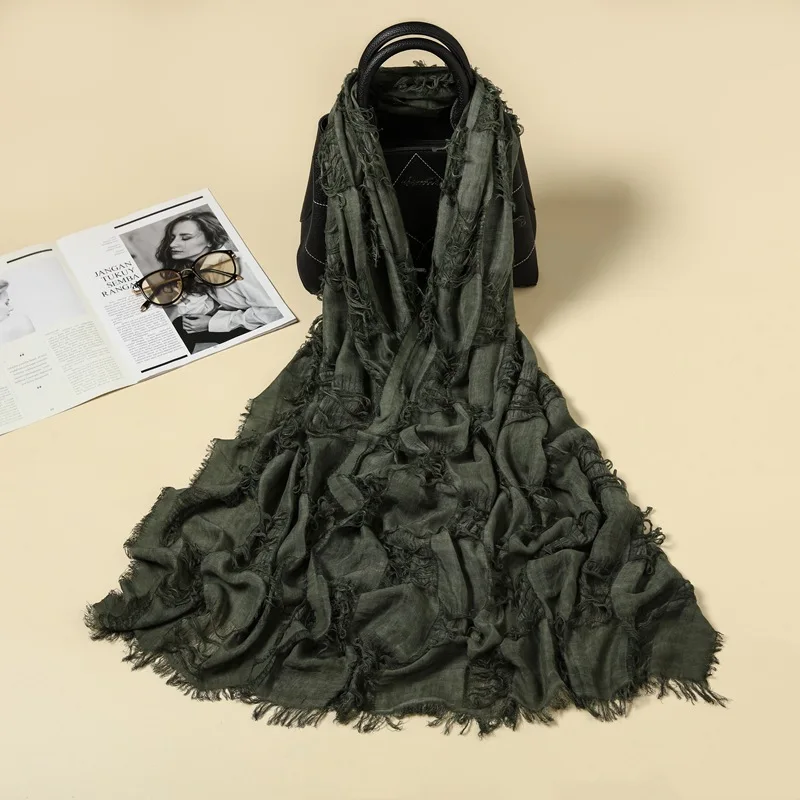 

Потертый хлопково-льняной шарф с кисточками и бахромой на четыре сезона, однотонная шикарная шаль в стиле бохо, объемная накидка