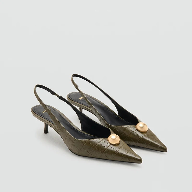 Sandalias de Mujer MANGO Verano 2026, Punta Metálica, Tacones Altos, Patrón de Cocodrilo, Elegantes y Modernas, Estilo Slip-On