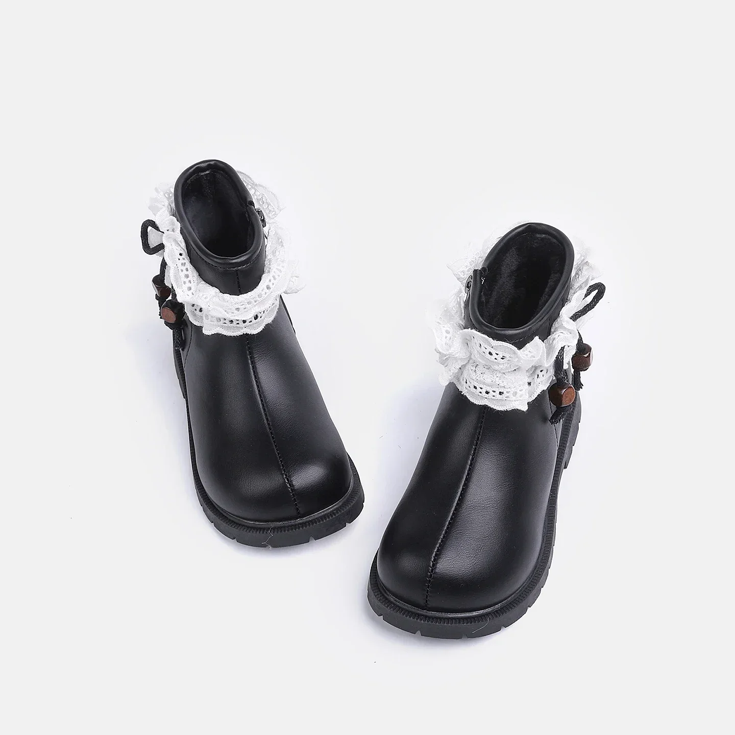 Girls Lace Ruffle Ankle Boots, Toddler Kids Winter Fleece Lined Short Boots, Bow Bead Decor Side Zipper Non-Slip Boots