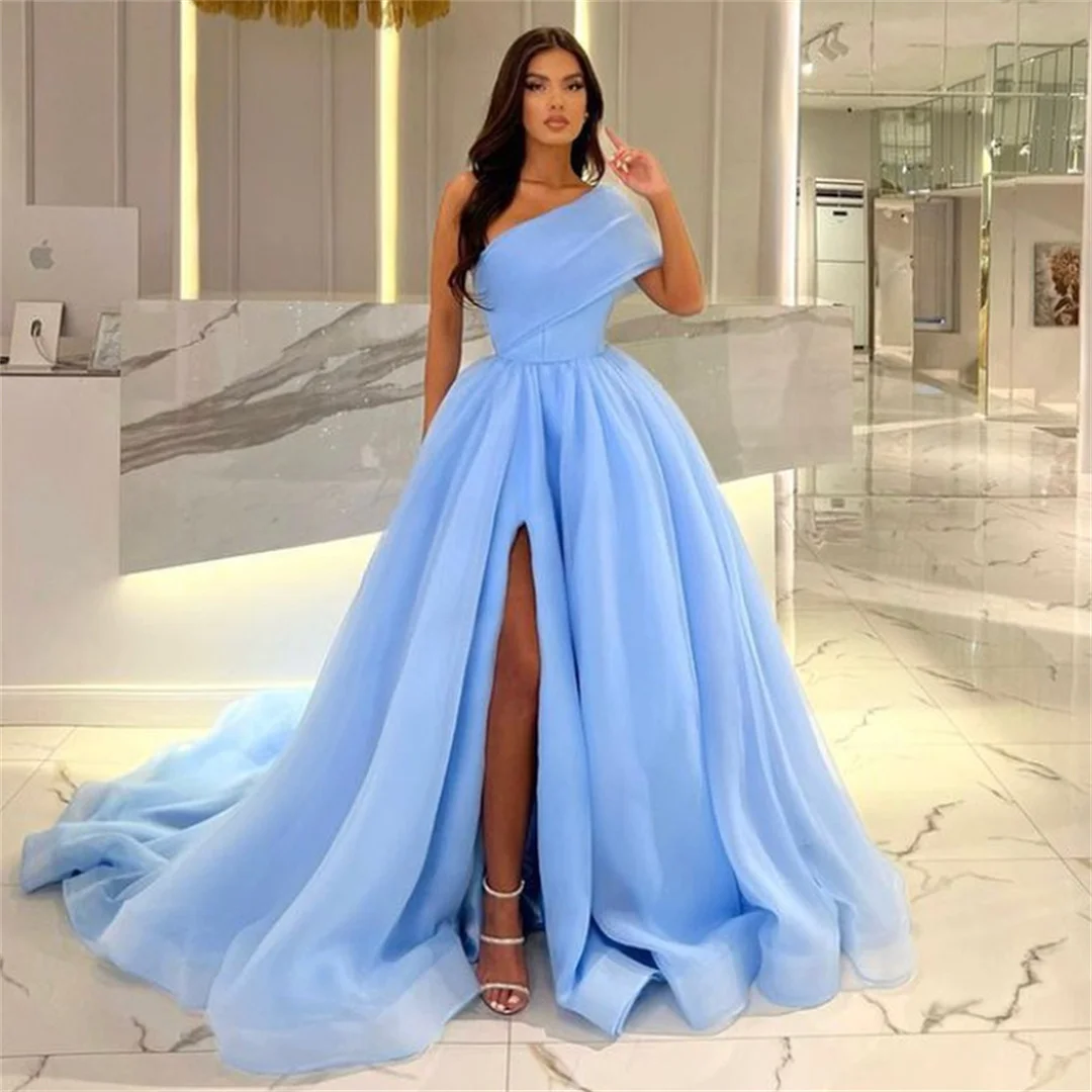

Organza Off the Shoulder A-line Evening Dresses Simple Plain Ruffle Ruched Anniversary Gown Elegant High Slit vestidos de fiesta