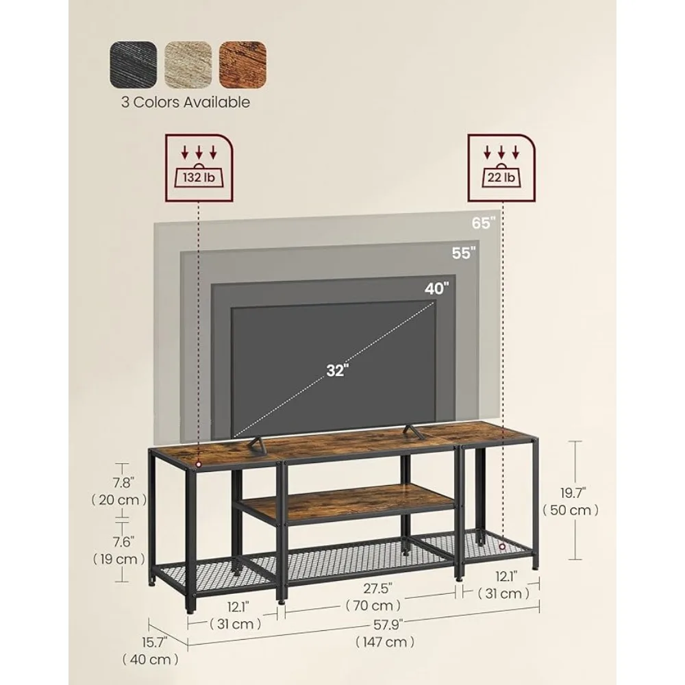 Modern TV Stand for TVs up to 75 Inches, 3-Tier Entertainment Center, Industrial TV Console Table with Open Storage Shelves