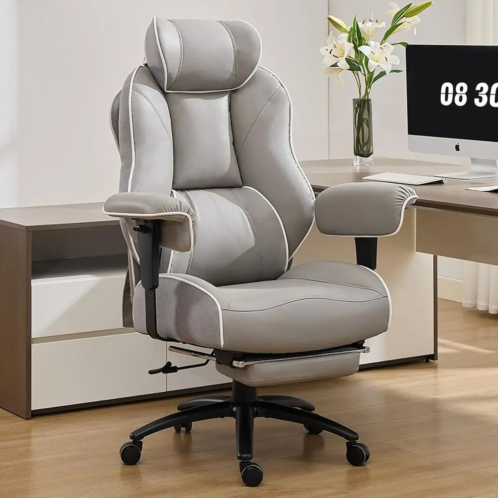 Ergonomic High-Back Office Chair with Footrest, 135° Recline, PU Leather, Gray