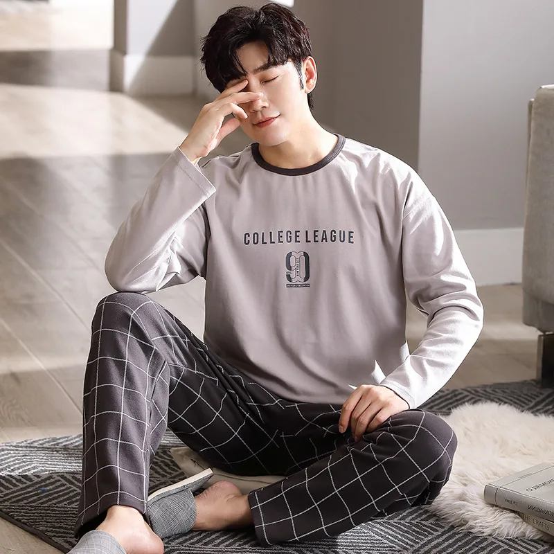 2023 New Style Men\'s Pajamas Set Spring Cotton Male Pajamas Sets Young Boy Sleepwear Long Sleep Tops + Pant 2pcs/set Pjs Hombre