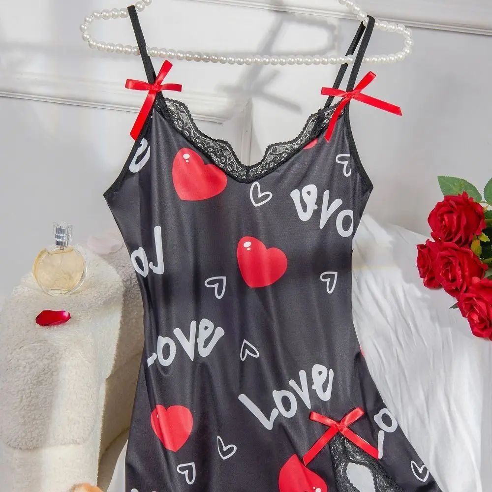 Women's Sleepwear Heart V Neck Nightdress Letter Deep V Heart Slip Nightdress Pyjamas Lace Trim Lace Trim Sleep Dress Women