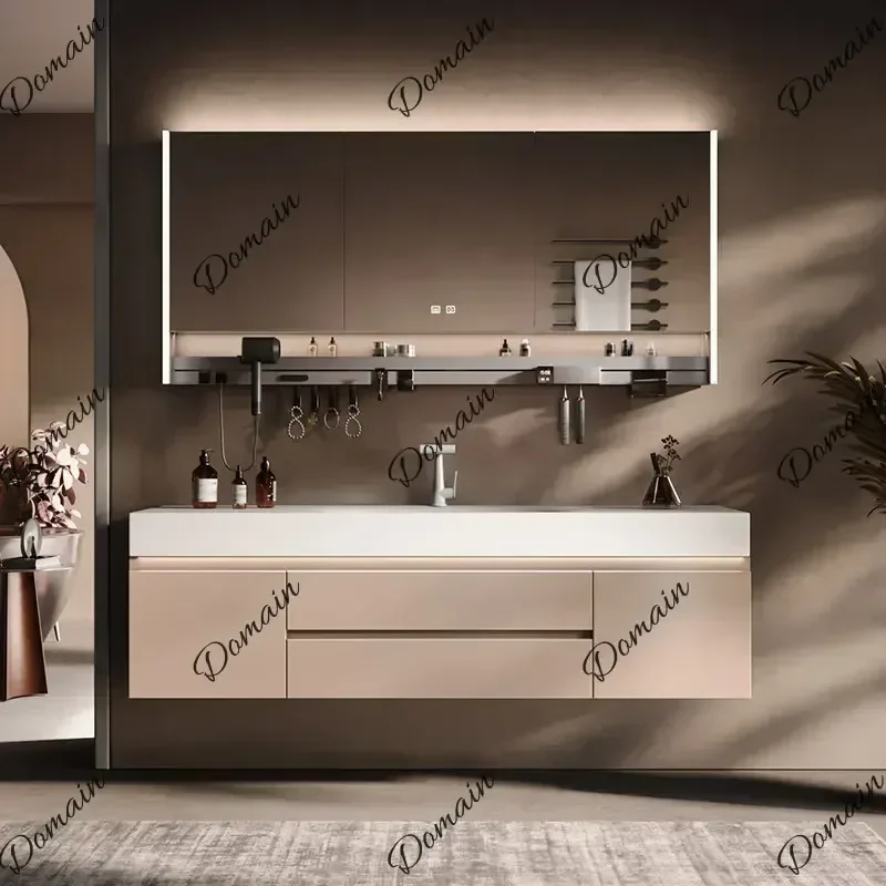 BXY 2026 Bathroom Vanity Creamy Style Hot-Bent Slab Integrated Basin Bathroom Furniture Modern Design Sink Cabinet