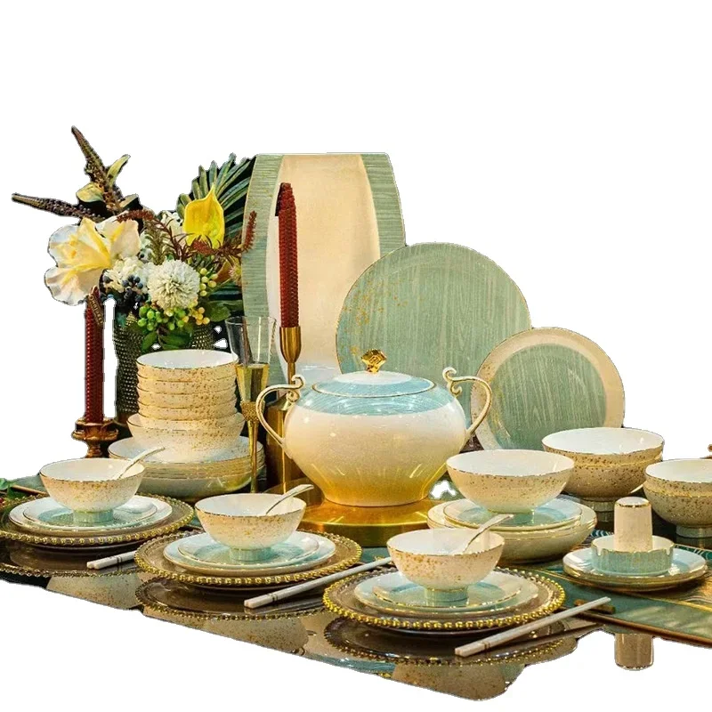 Premium Luxury Art Bone China Dinnerware Set Gold and White Customized Restaurant Dinnerware Set