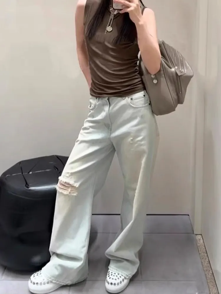 

High Waist Loose Fit Summer Thin Denim Pants Straight Leg Wide Leg Jeans Women Light Color Dir Hole Slimming Effect