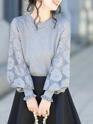 Female Pullover Round O Neck Splicing Lace Knitted Sweaters for Women Gray Long Sleeve Jumper Sale All Cheap Trend Outerwears