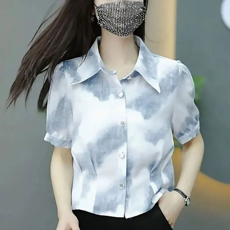 2024 Summer New Women's Blouse Polo-Neck Button Printed Letter Pleated Stylish Slim Ventilate Short Sleeve Casual Shirt Tops