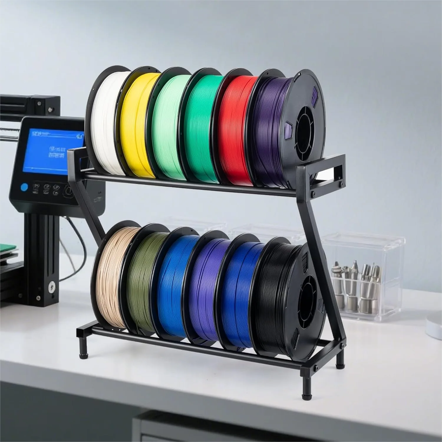 

Z-Shaped 2-Tier Metal Filament Storage Rack for 10-12 Spools, Desktop Organizer for PLA/ABS/TPU