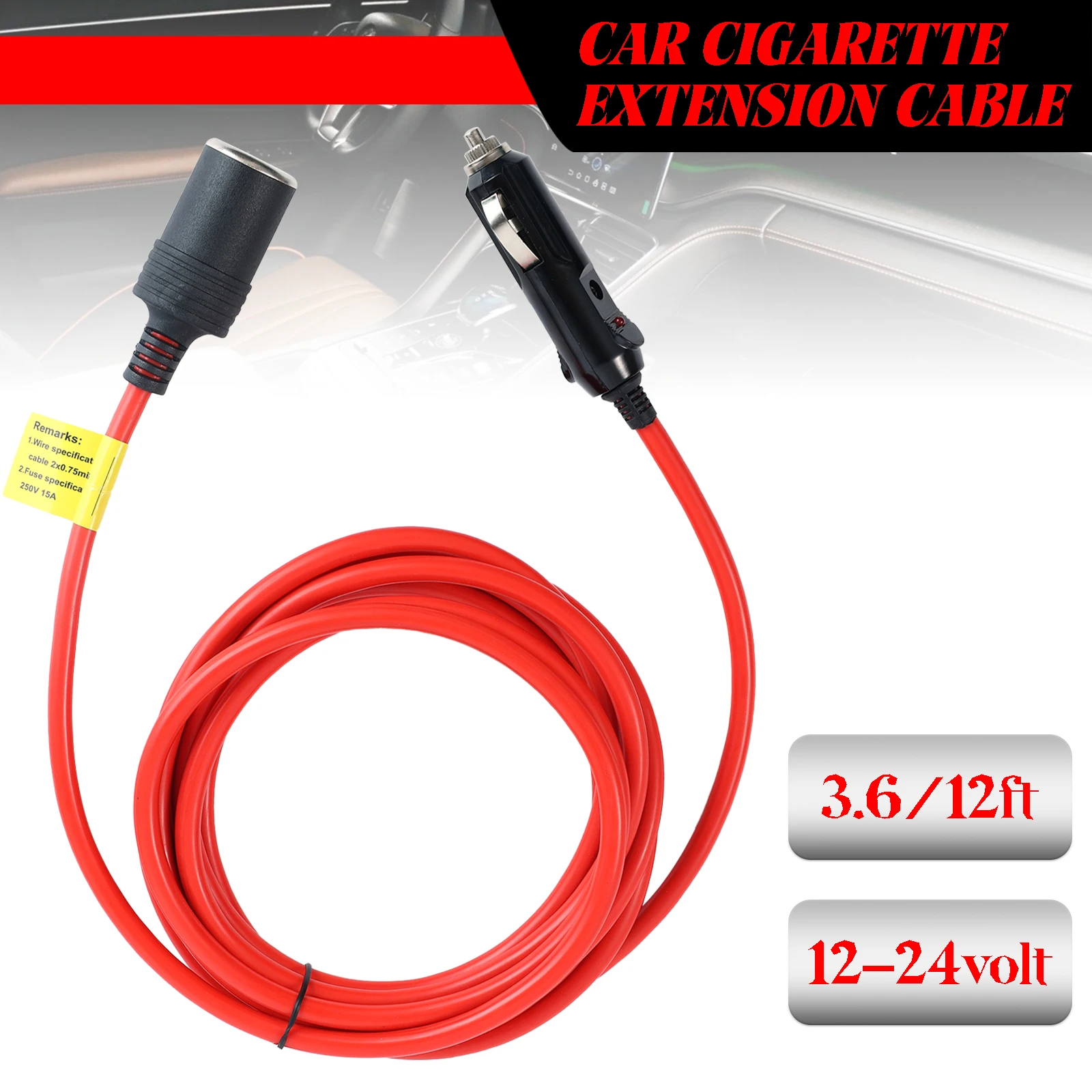 3.6M/12ft Cigarette Lighter Extension Cord Auto Charger Adapter Cigar Lighter Socket Plug 12V 15A Fuse Extender Car Accessories