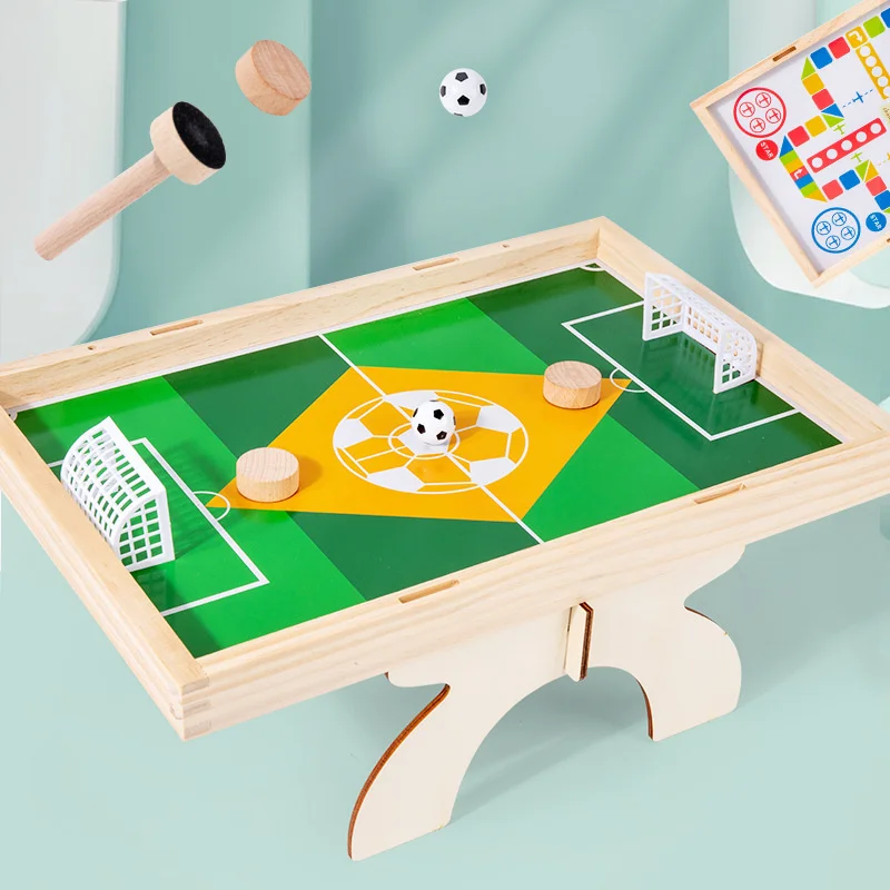 Wooden Children Football Table Games Toys 2 in 1 Flying Chess Soccer Competition Party Board Game Interactive Toy for Kids Adult