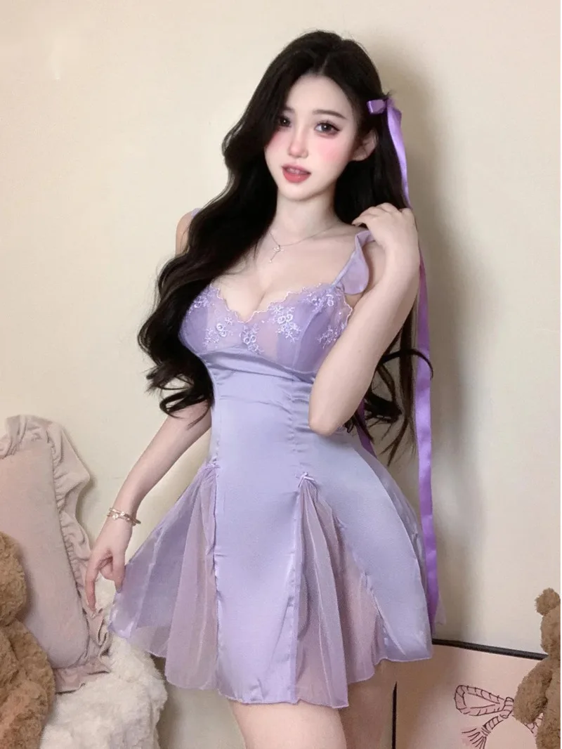 بيجامة مثيرة للنساء رغبة نقية من الدانتيل بحمالات ثوب نوم مثير بيجامات حلوة بلون سادة ملابس منزلية رفيعة فستان أنيق D01U