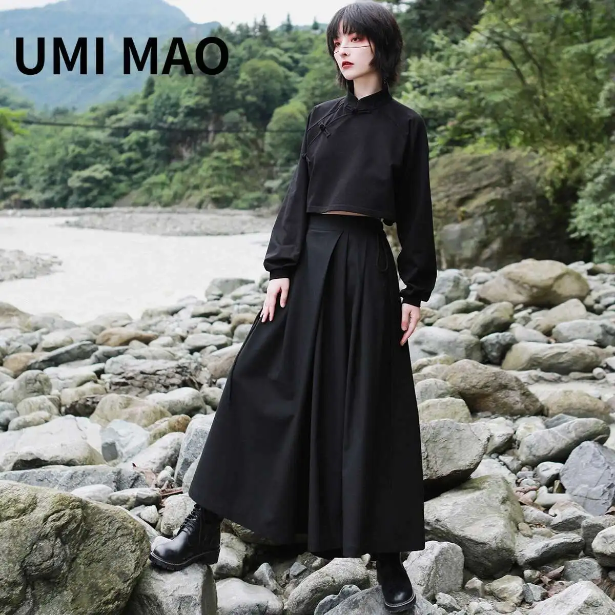

UMI MAO Dark Blast Street Design Black Wide Leg Pants 2023 New Casual Women's High Waist Drop A-Line Skirt Pant Femme