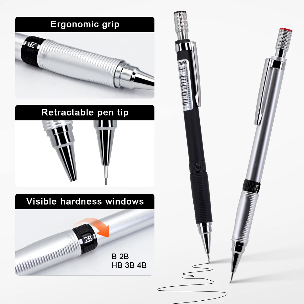 Kreatives 0,5/0,7/2,0 mm Druckbleistift-Set mit 2 Boxen Stifte, automatischer Bleistift für Skizzen, Malerei, Büro, Schreibwaren – Detail 3