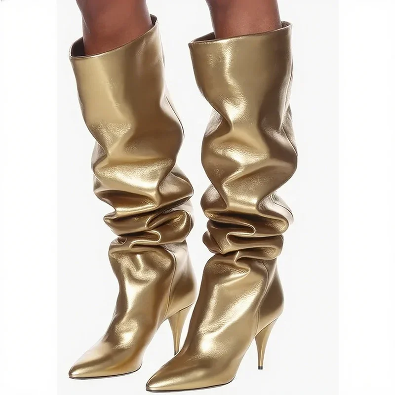 

Matte Leather Pleated Knee High Slouchy Boots Sexy Round Toe Suede Leather Accept Customized New Arrivals Fashion Women Boots