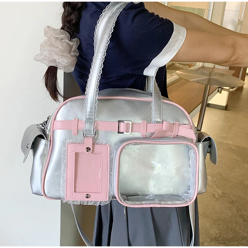 Ita-Tasche mit transparentem Sichtfenster, Otaku-Gürtelschnallen-Design, Umhängetasche, Niedliche Damen-Handtasche mit mehreren Fächern – Detail 9