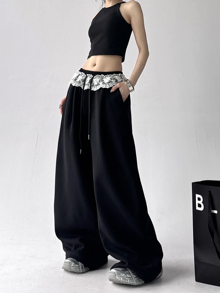 Novas calças de perna larga feminina verão 2025 cor pura renda solta casual coreano sle drapey esportes calças compridas