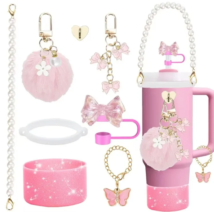 bling hand-made straw cap case Charm chain pendant lot Accessories Initial Keychain Handle for Stanley cup bottle Tumbler