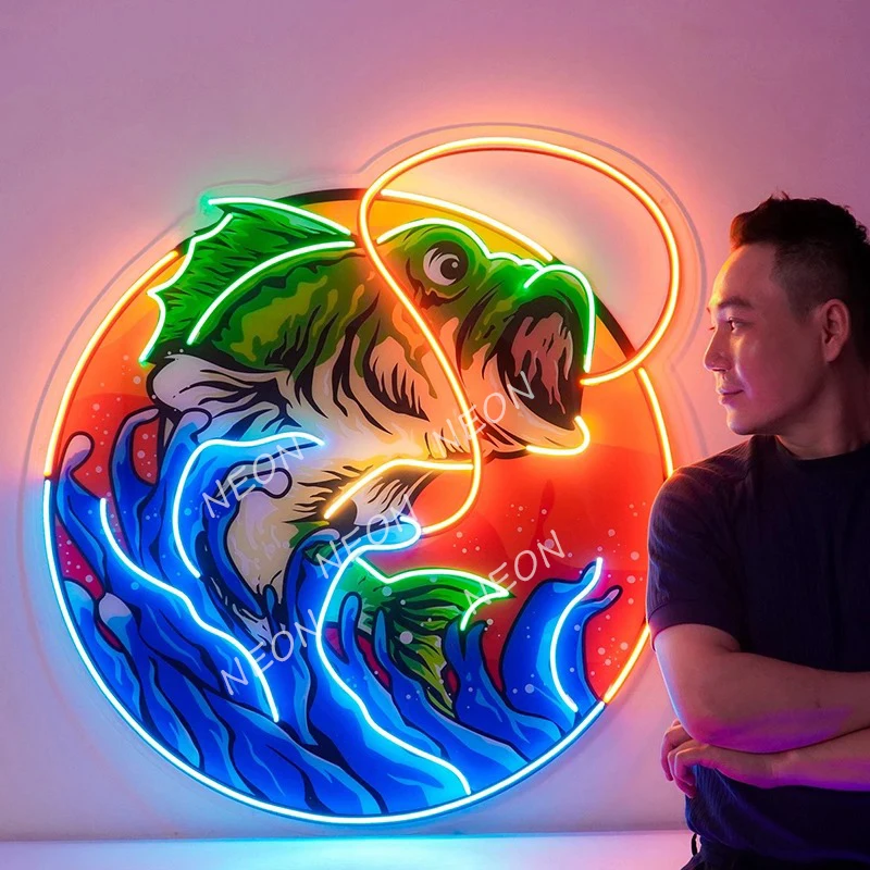 Letrero de neón LED de pesca hecho a mano, decoración de pared para dormitorio, sala de estar, regalos especiales para entusiastas de la pesca, letreros de neón personalizados