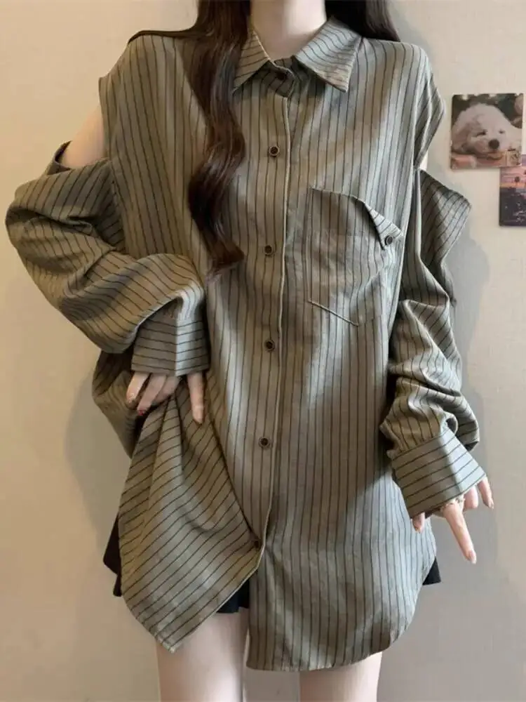 Dames plus size gestreept shirt met lange mouwen, slanke pasvorm, off-shoulder, chique top, halflange designblouse