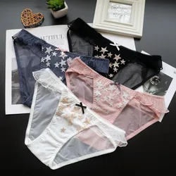 Star Embroidered Lace Mesh Sexy Ladies Low Waist Panties Breathable Briefs Fashion Perspective Bow New Style Women Underwear