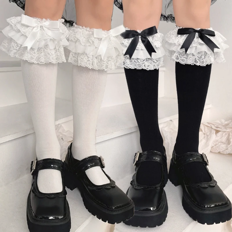 JK Lolita Damenstrümpfe Y2K Mädchen Rüschenstrümpfe Japanischer Stil Kawaii Schleifenknoten Niedliche Spitzenkniestrümpfe