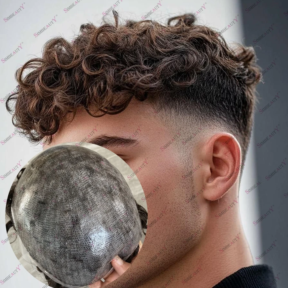 

Необнаружимый мужской 20-миллиметровый вьющийся парик с микрокожей на основе натуральных волос, мужские вьющиеся протезы из человеческих волос, прочные шиньоны