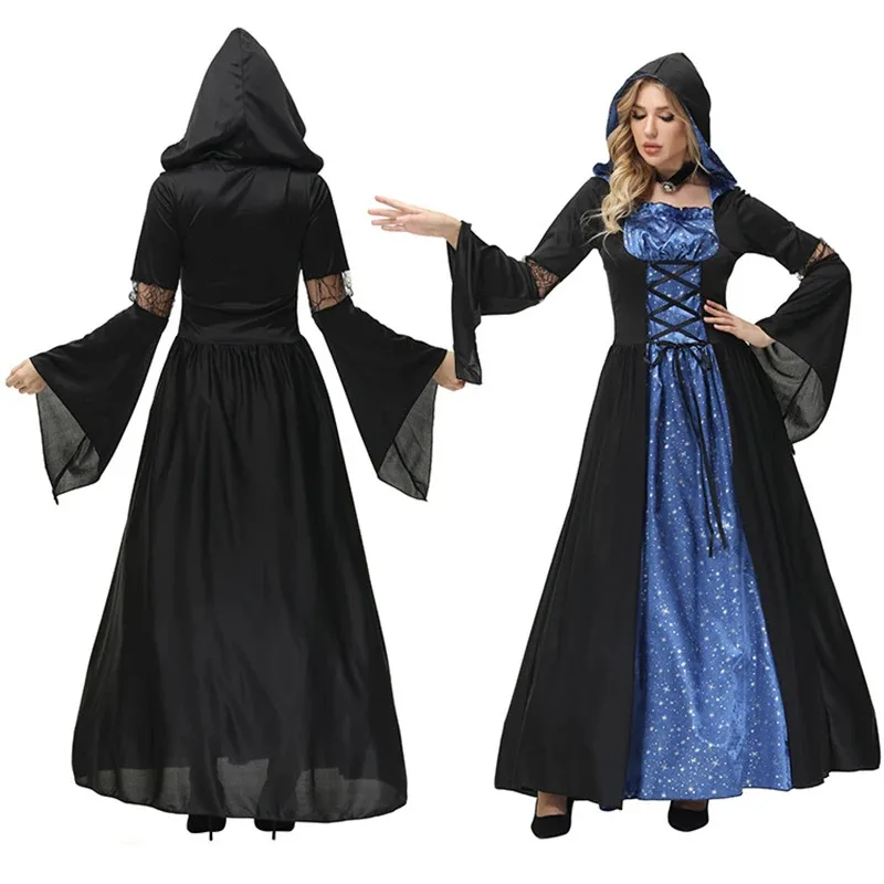 Umorden Halloween Blue Sky and Star Moonlight Sorceress Costume for Adult Women Hoodie Long Dress
