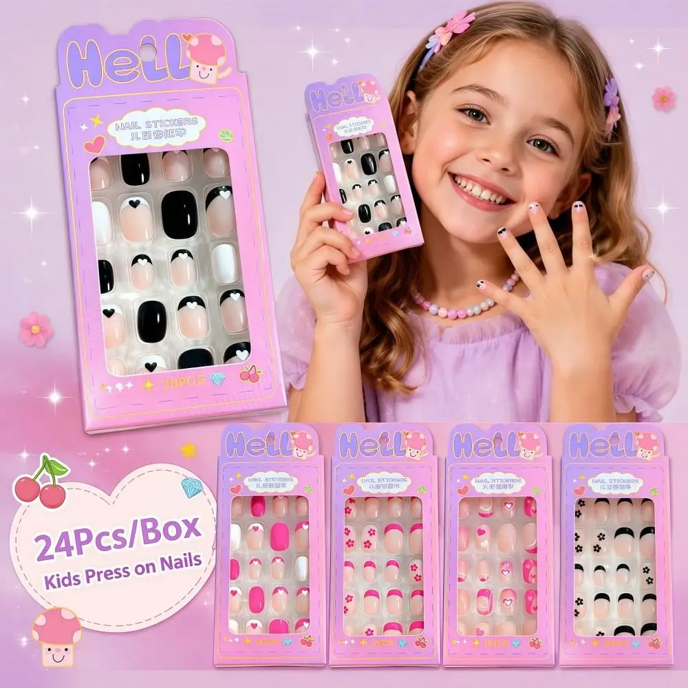 24Pcs/Box Cartoon Kids Press on Nails French Black Flower Tips False Nails Candy Colors Almond-shaped Full Cover Fake Nails