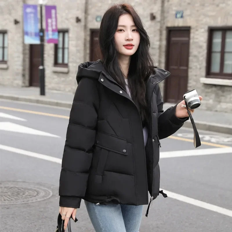 Moda coreana feminina casacos inchados, simples sólidos e soltos Parkas curtos, grosso e quente com capuz algodão acolchoado feminino para baixo, novo, inverno, 2022