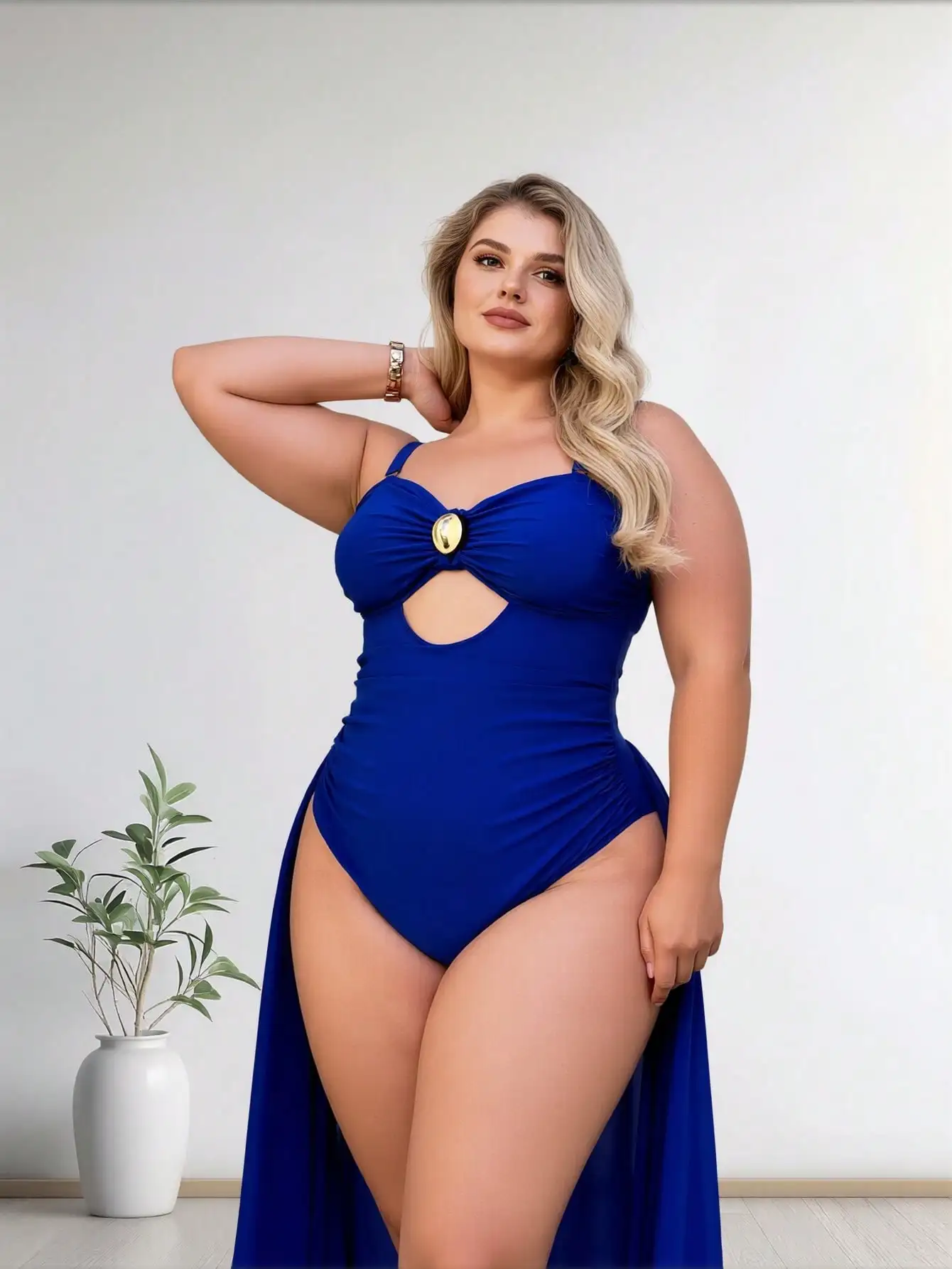 2026 New Plus Size Royal Blue One-Piece Swimsuit Women's Cutout Ruched Tummy Control Bathing Suit With Gold Accent For Beach Vacation, Push-Up & Slim Fit view 2
