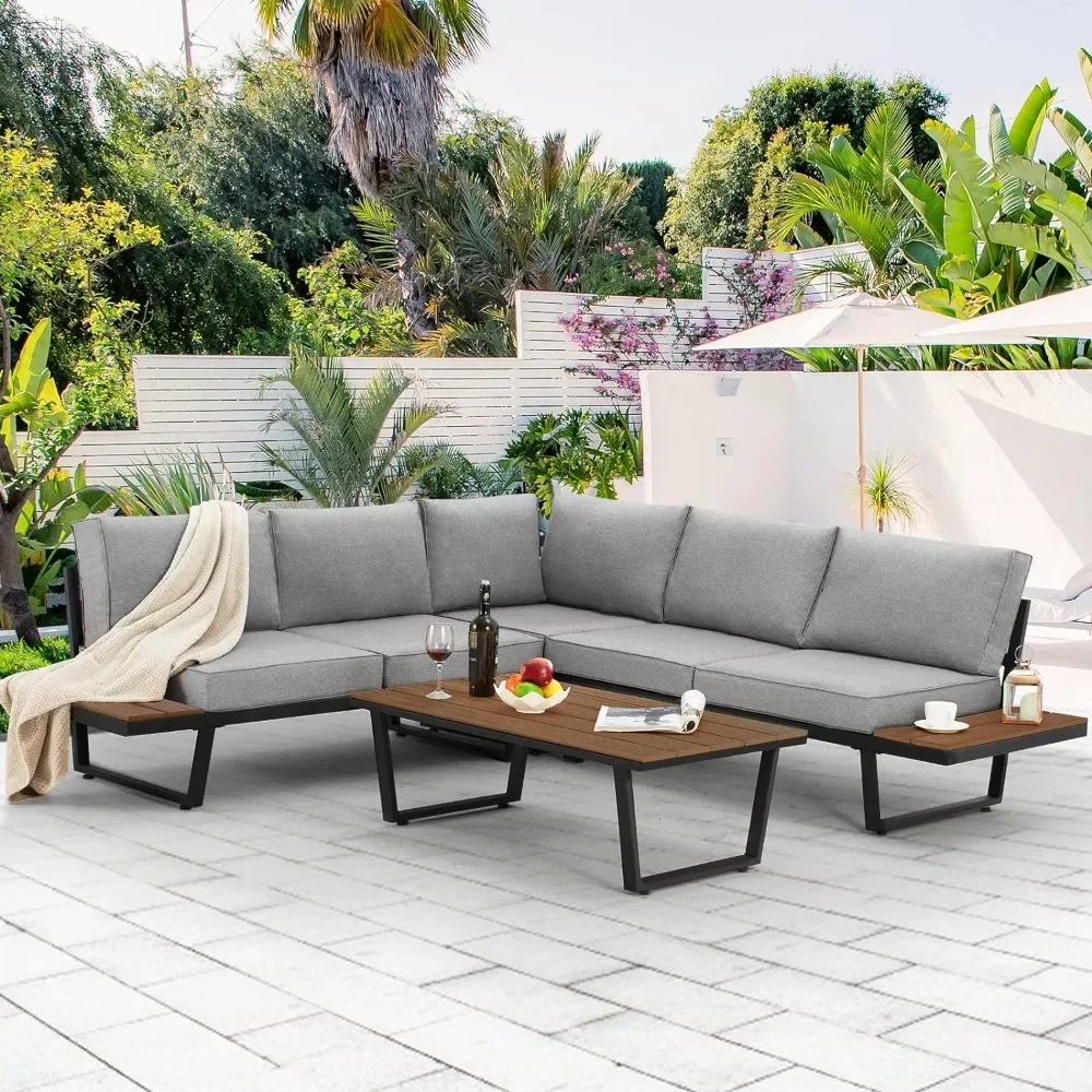 4 Pieces Outdoor Sectional Sofa Set with Coffee Table, Extra Large L-Shaped Metal Conversation Set  for Patio, Garden, Backyard