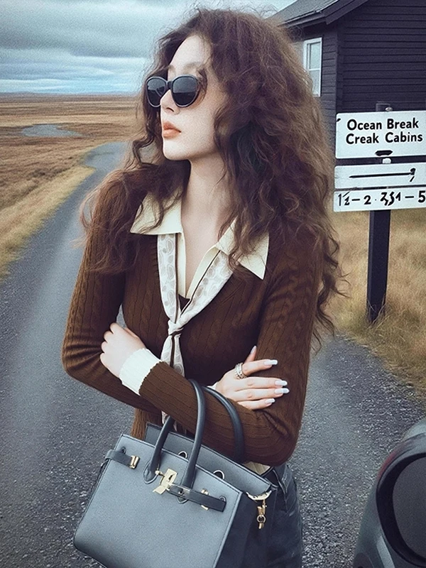 

Карамельно-коричневая вязаная женская футболка с длинным рукавом, осенне-зимний дизайн, цветные блоки, топ с узором «косичка»