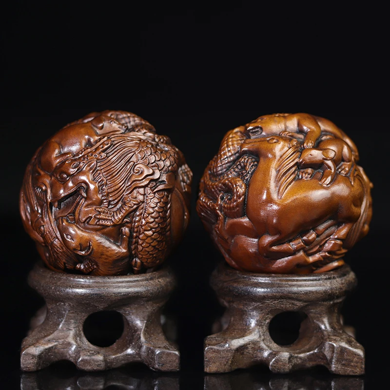 XS528-4.5 Hand Carved Boxwood Carving Ball Statue Home Decor - 12 Zodiac Chinese Folk Craf