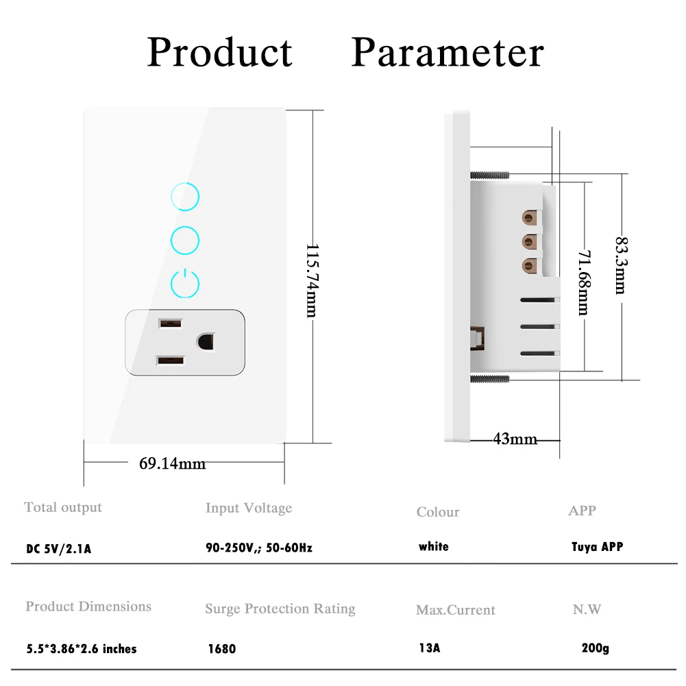 Melery Wifi Smart Tuya Light Switch Intelligent Wall Socket Mexico US Plug Outlet Glass Panel Control by Alexa Google Home