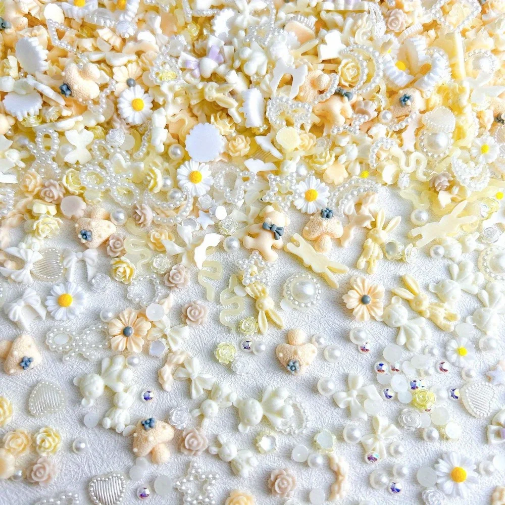 50 pièces/paquet résine mixte jaune et blanc perle mixte Nail Art coque de téléphone épingle à cheveux bricolage décoration accessoires matériel paquet