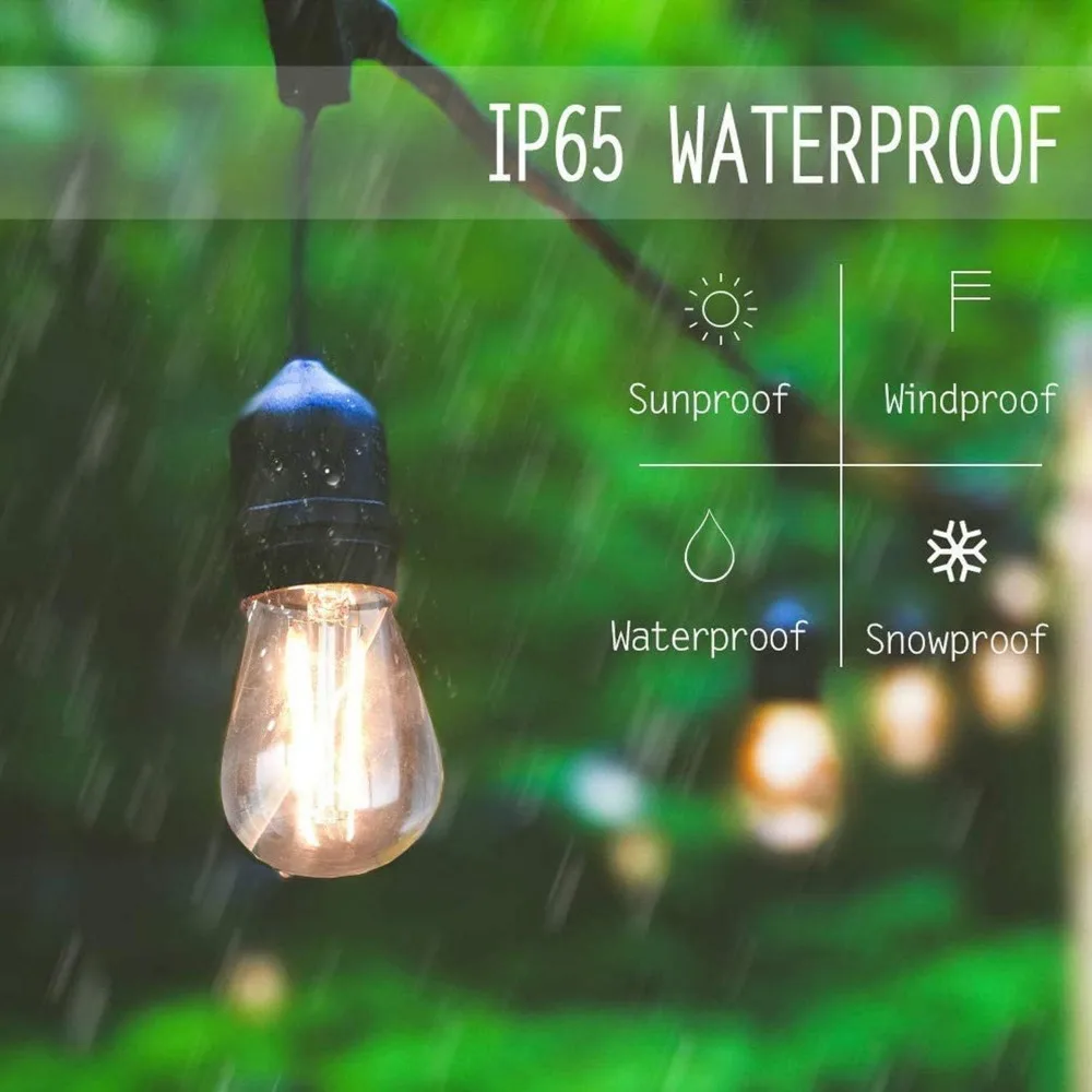 Luzes de corda externas Svater de 48 pés, iluminação de pátio de nível comercial de 2 W com 15 lâmpadas inquebráveis estilo Edison, IP65 à prova d'água