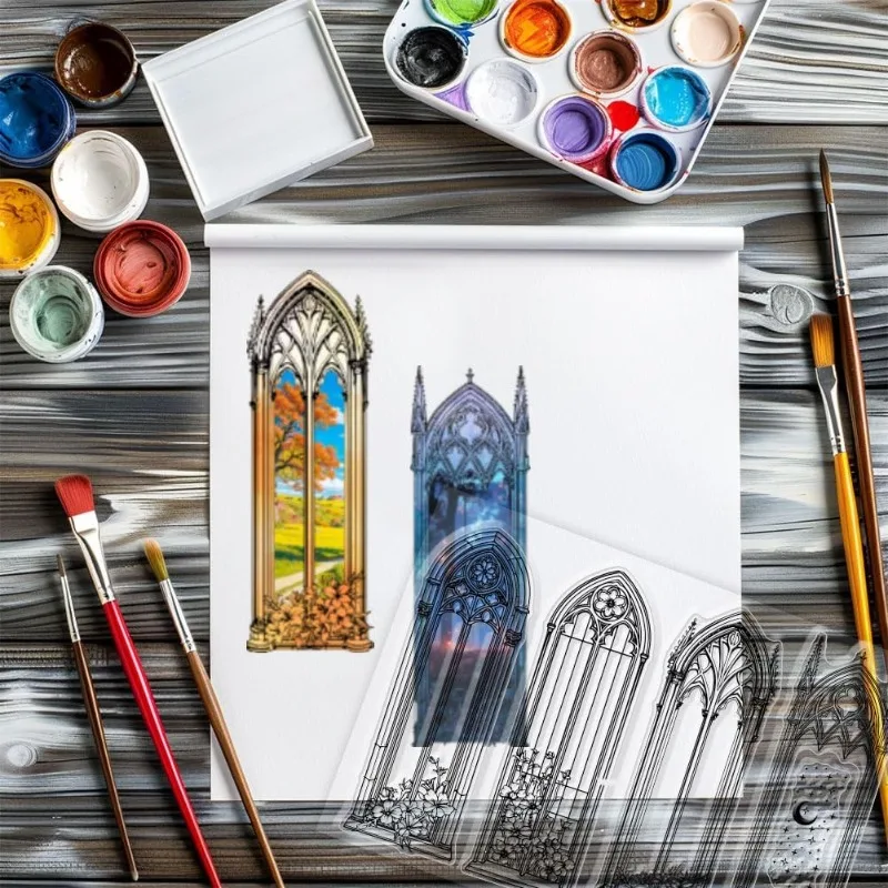 1Sheet Vintage Gothic Windows Clear Stamps Flower Bookmark Clear Stamps Sparkle Moon Silicone Stamps for DIY Scrapbooking Photo