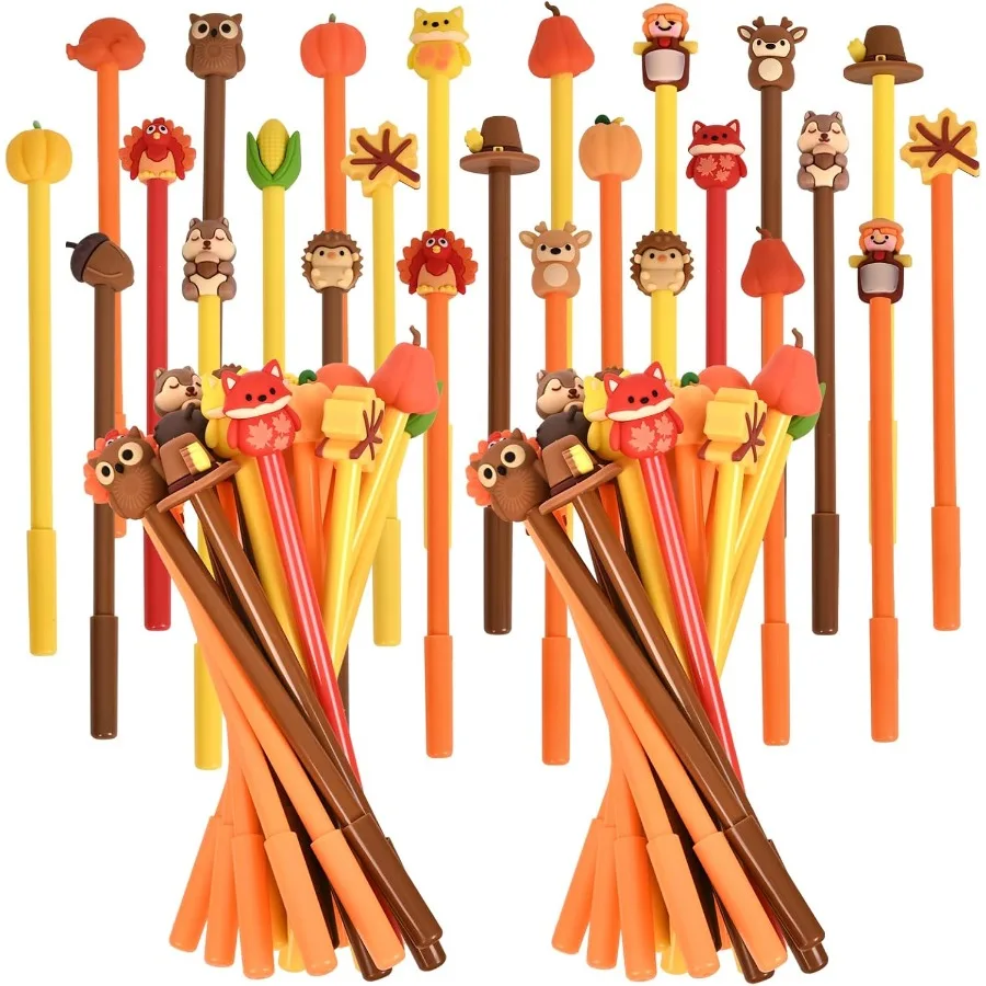 

50 шт., милые забавные ручки с героями мультфильмов на День Благодарения для Kawaii, кленовых листьев, тыкв, пугалок и индейки, гелевая ручка с черными чернилами C