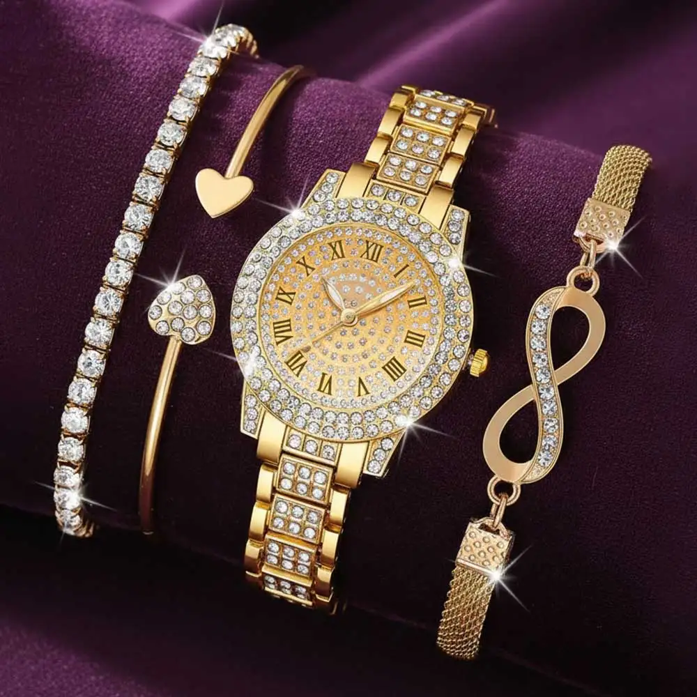 Golden full diamond Roman dial women's watch heart opening bracelet infinite symbol bracelet with fine diamond arrangement