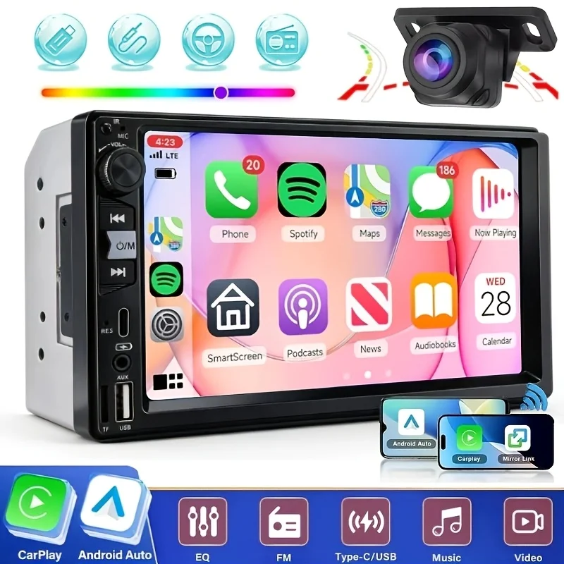 7' 2DIN MP5 Player Car Stereo Radio + Hd Dynamic Trajectory Rear View Backup Camera, Wireless Carplay & Android Auto, BT