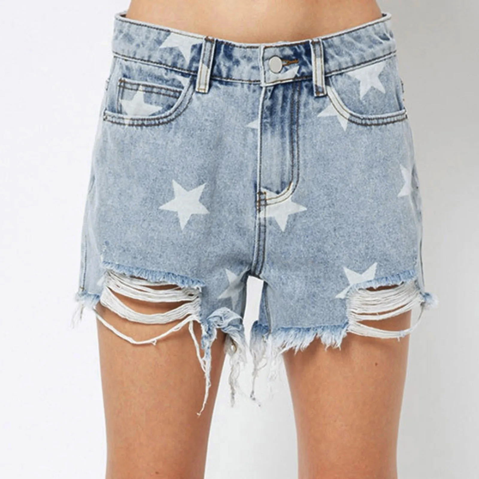 

Summer Zipper Fly Shorts Women High Waist Stars Short Ripped Hole Pockets Slim Casual Tassels Denim Shorts Female For Work