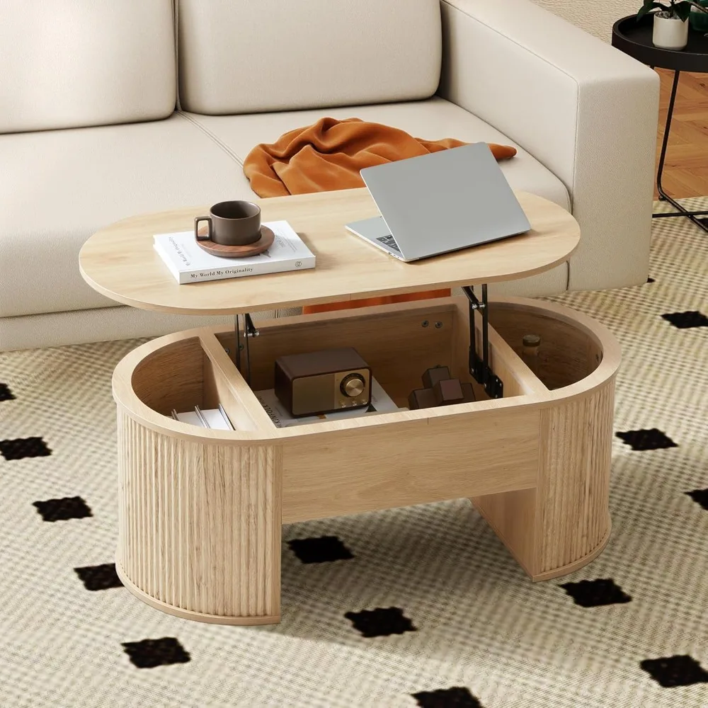 

Lift Top Coffee Table, Fluted Coffee Table with Lifting Top, Wooden Lift Up Dining Table with Hidden Compartment, Center Table