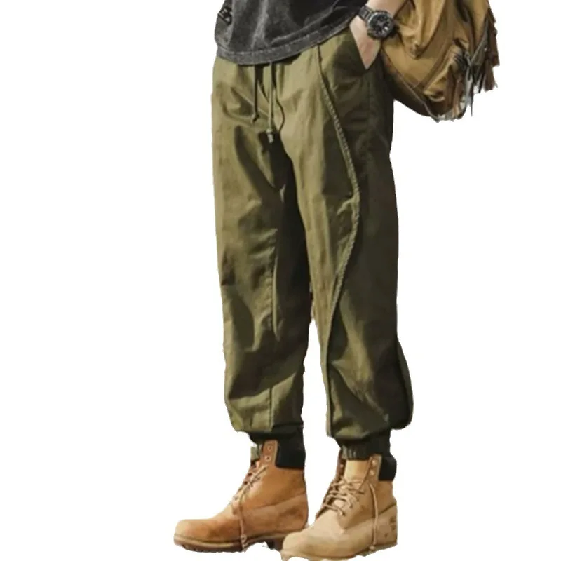 Men's Vintage Cuffed Leg Cargo Pants Autumn Wide Leg Heavyweight Outdoor Camping Casual Pants  Trousers