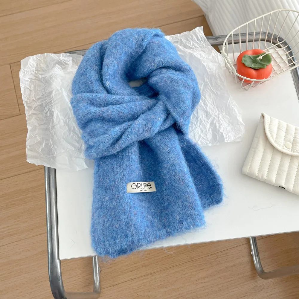 2025 New Ocean Blue Knit Scarf Women Wool Blend Korean Style Versatile Neck Warmer