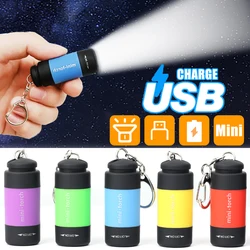 휴대용 USB 충전식 미니 LED 손전등, 키체인 포함, 방수 토치 라이트, 야외 여행 하이킹 캠핑 토치 램프